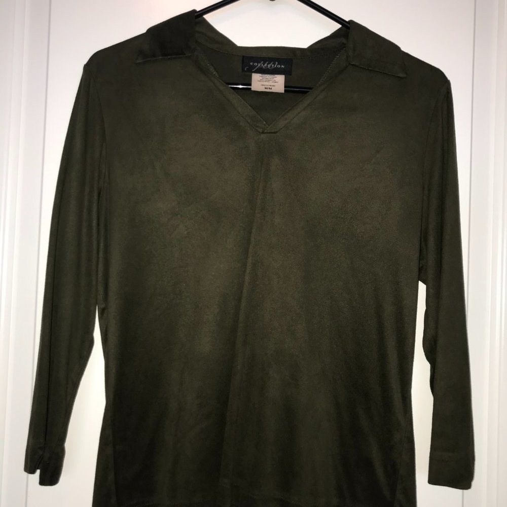 Women's M Army Green Suede Collared Top 3/4 sleeve